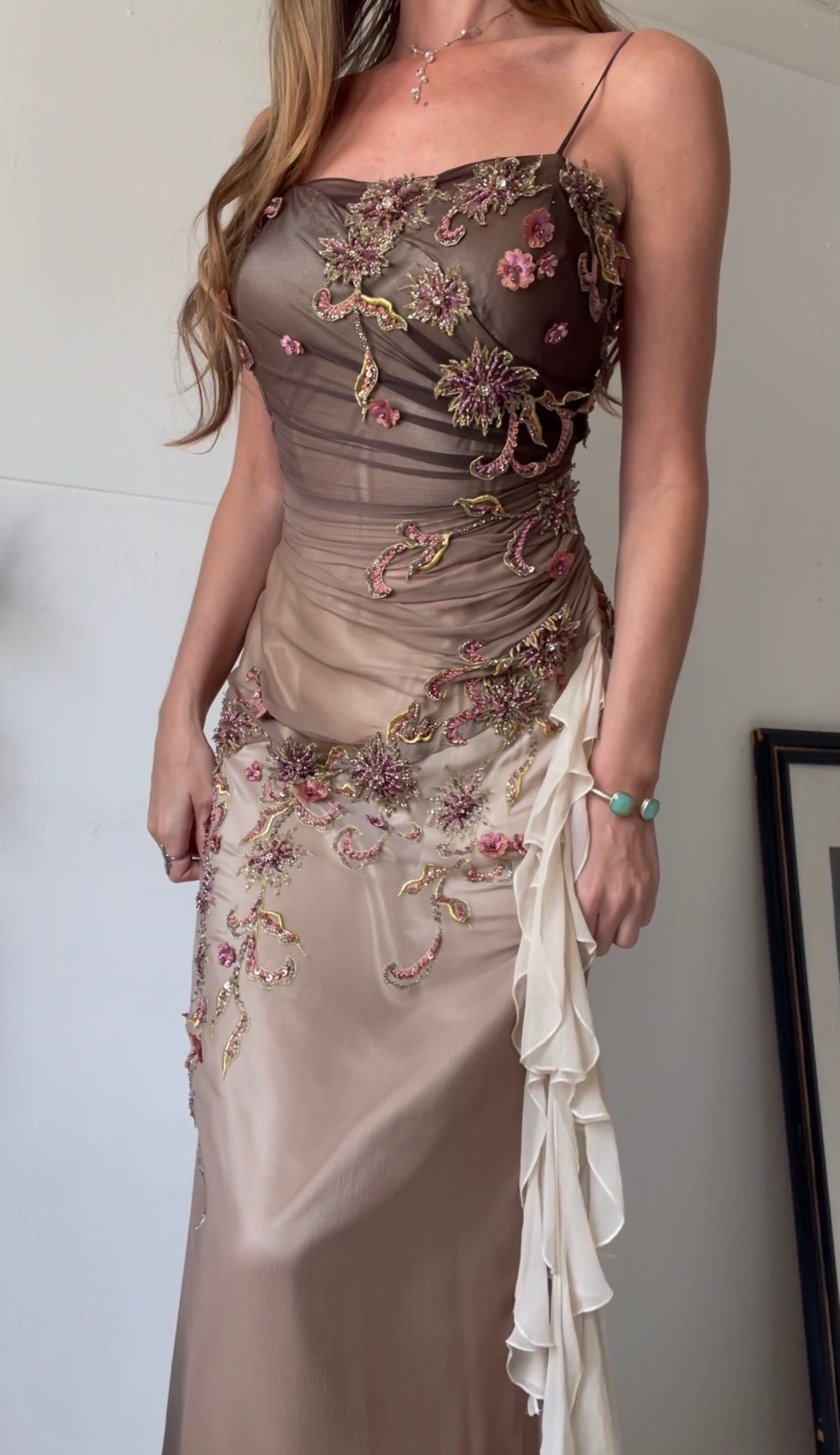 Y2k Ombre Silk Floral Bead Detail Fairy Gown