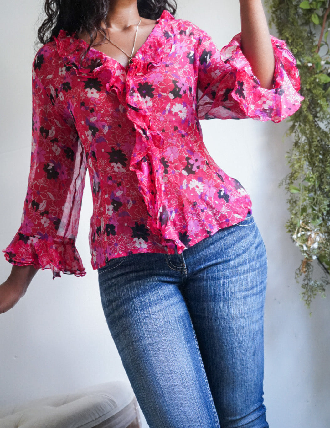 Y2K Coral Pink Floral Silk Ruffle Blouse