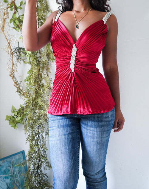 Y2K Red Satin Low Back Pleat Top