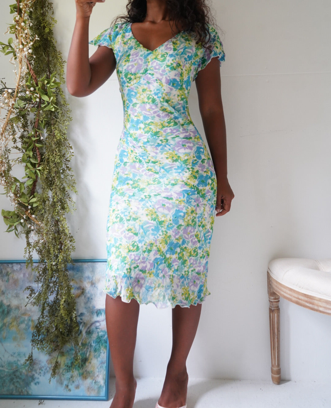 Y2K Tiny Watercolor Floral Midi Dress