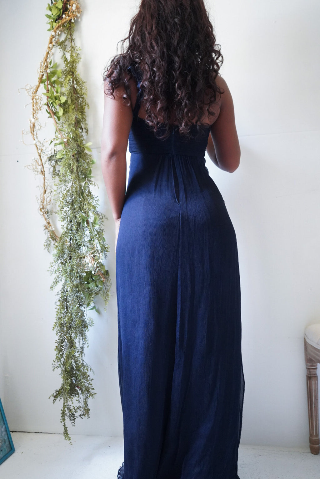 Y2K Deep Navy Silk Chiffon Strapless One Shoulder Gown
