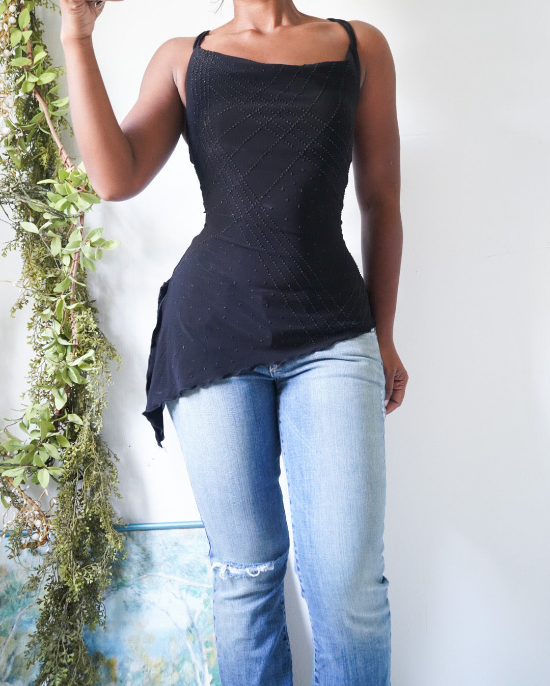 Y2K Black Textured Glitter Asymmetric Hem Top