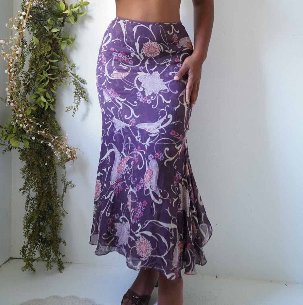 Y2K Dusty Purple Paisley Silk Skirt