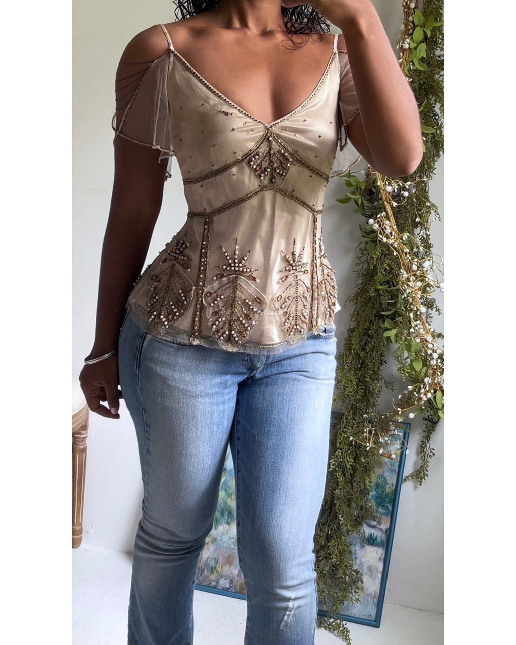 Y2K Champagne Satin Beaded Top