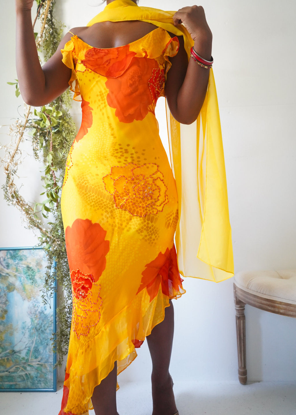 Y2K Yellow Burnout Rose Print Silk Dress