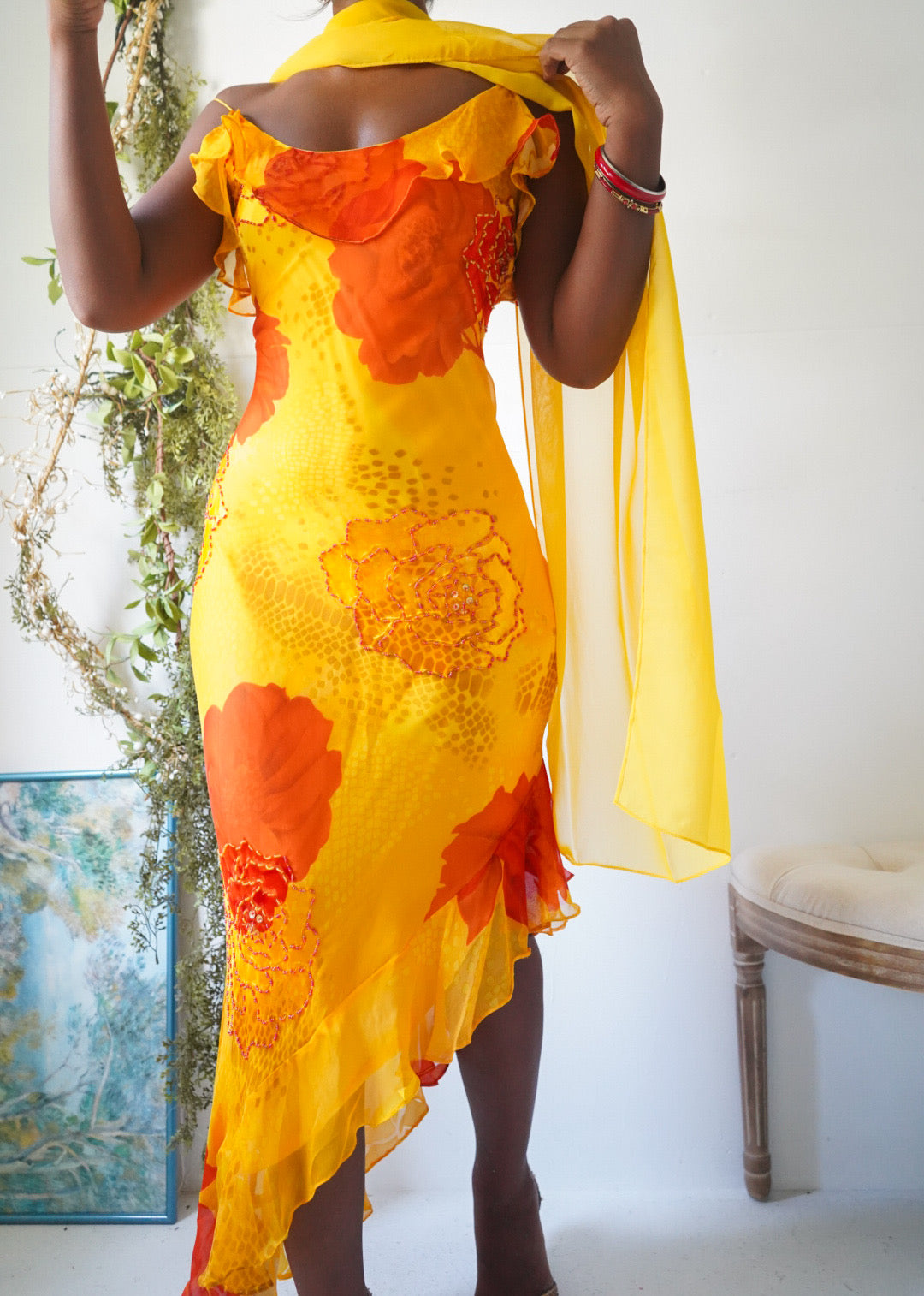 Y2K Yellow Burnout Rose Print Silk Dress