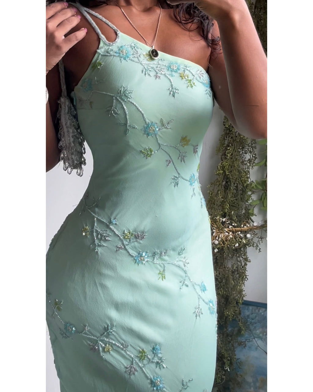 Rare Y2K Silk Layered and Beaded One Shoulder Gown