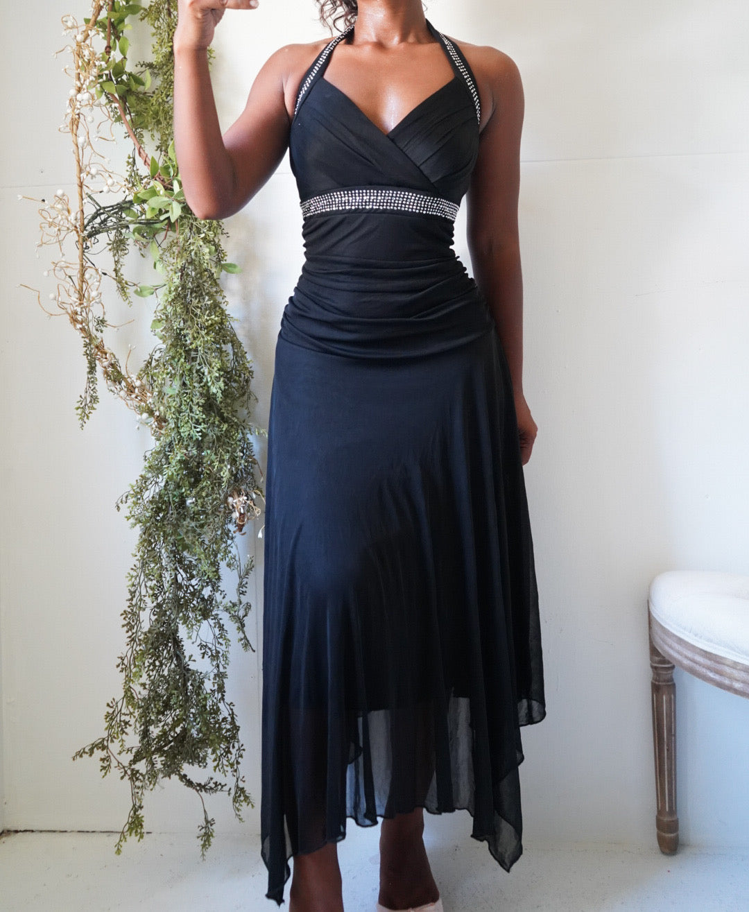 Y2K Rhinestone Trimmed Black Halter Fairy Dress
