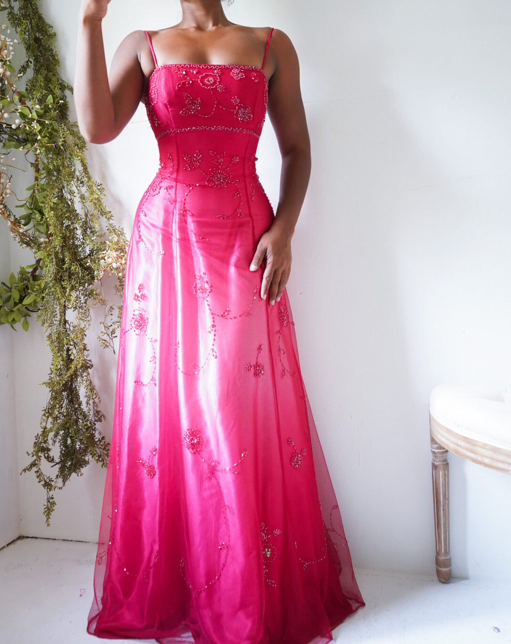 Y2K Ombre Red Beaded Low Back Gown