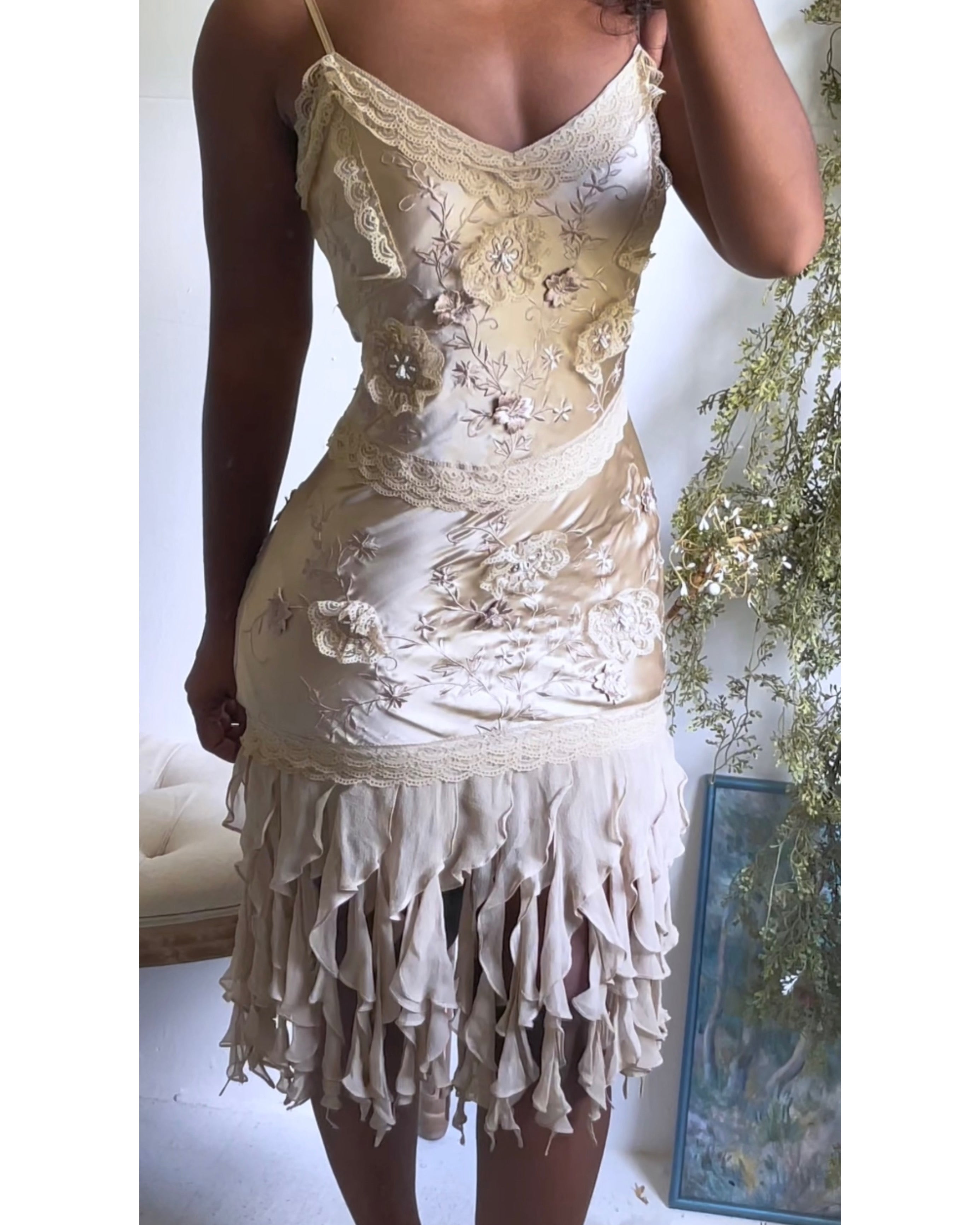 Y2K Champagne Silk Charmeuse Beaded Dress