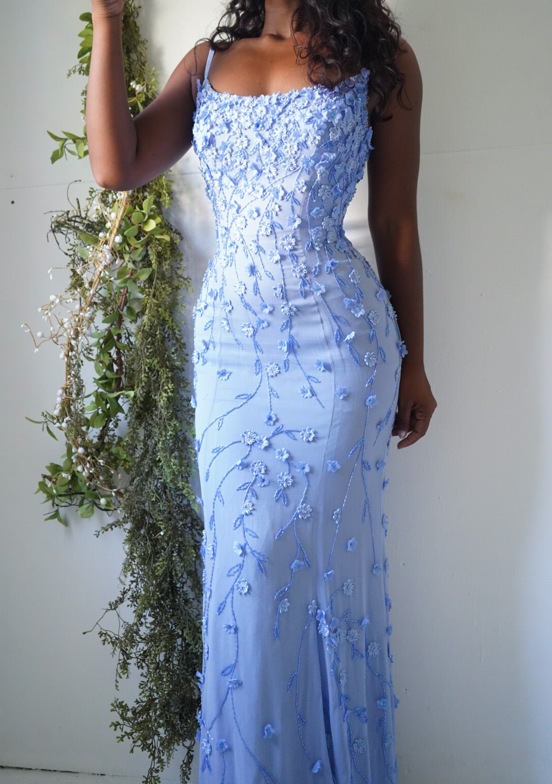 Y2K Beaded and Floral Embellished Periwinkle Silk Gown