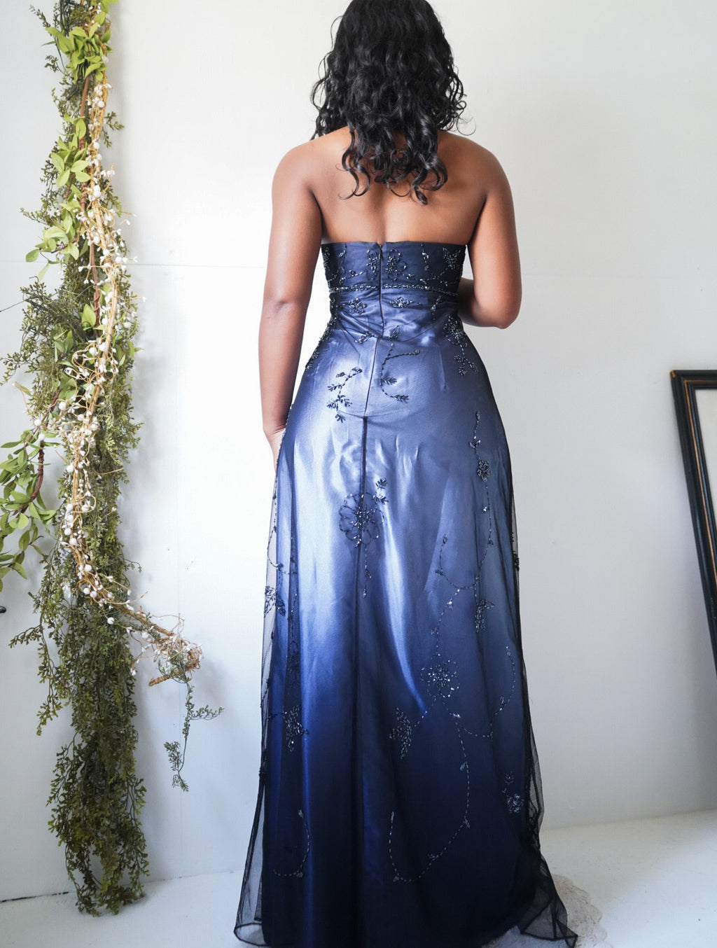 Vintage Y2K Ombre Blue Halter Beaded Split Front Gown