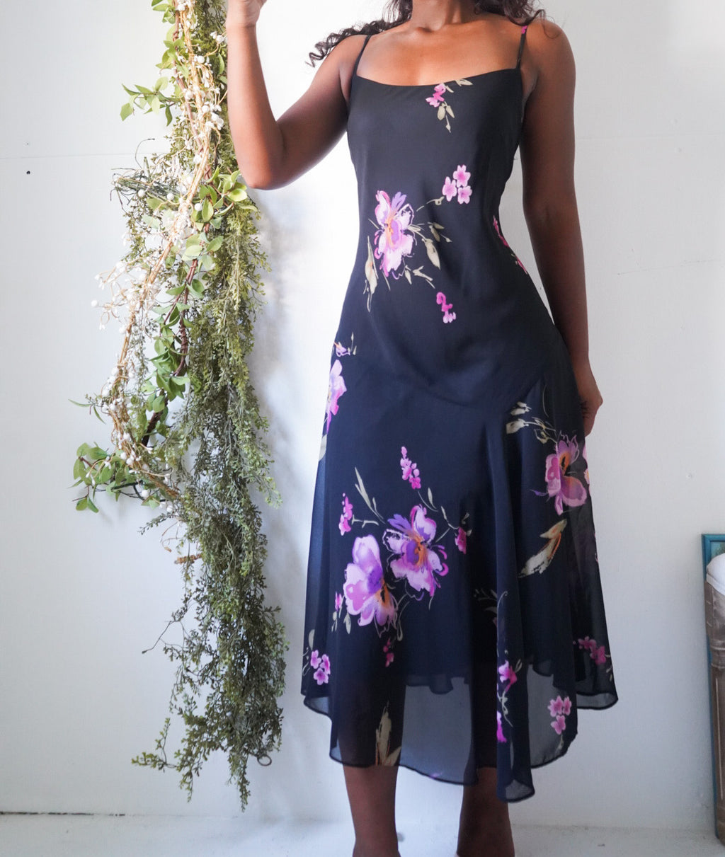 Y2K Staple Pink Floral Black Slip Dress