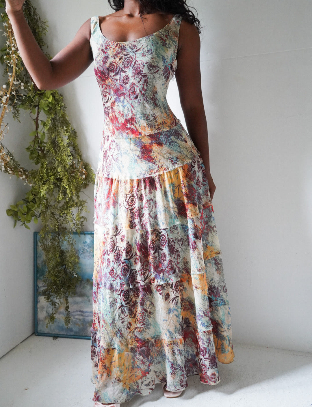Y2K Boho Printed Maxi Dress with a Tiered Skirt