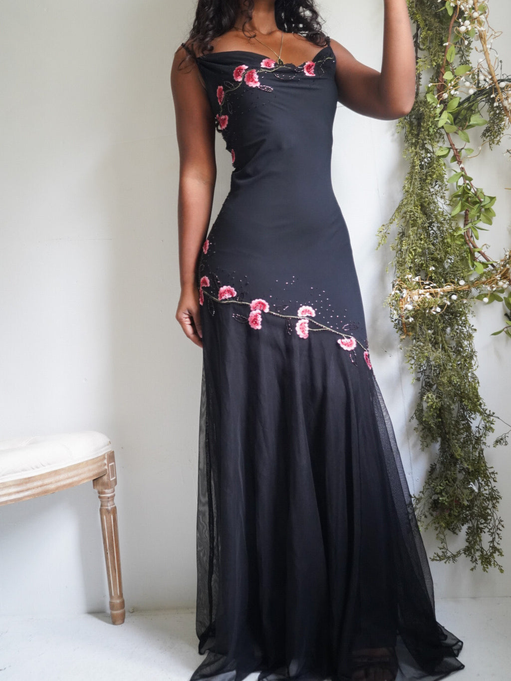 Y2K Tulle Hem Gown with Pink Flowers