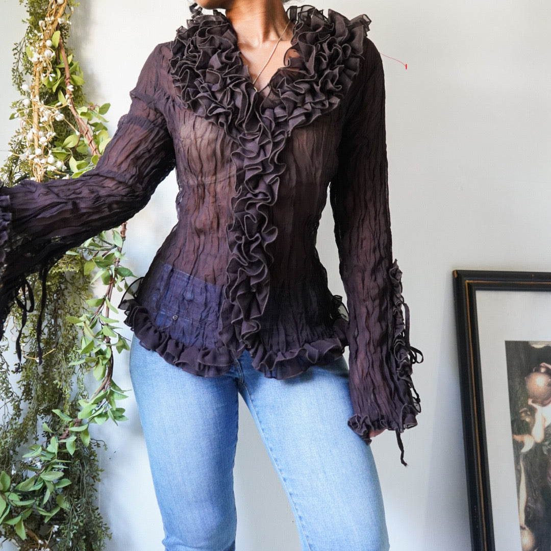 Brown Ruffle Button Down Crinkle Top