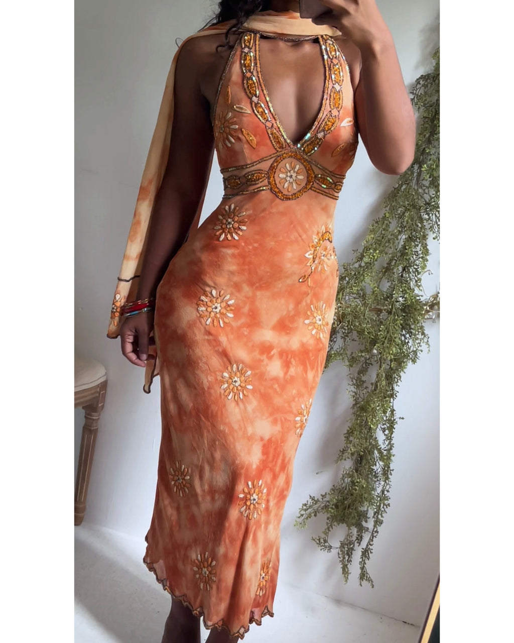 Rare Y2K Boho Silk Halter Tie Dye Beaded Dress