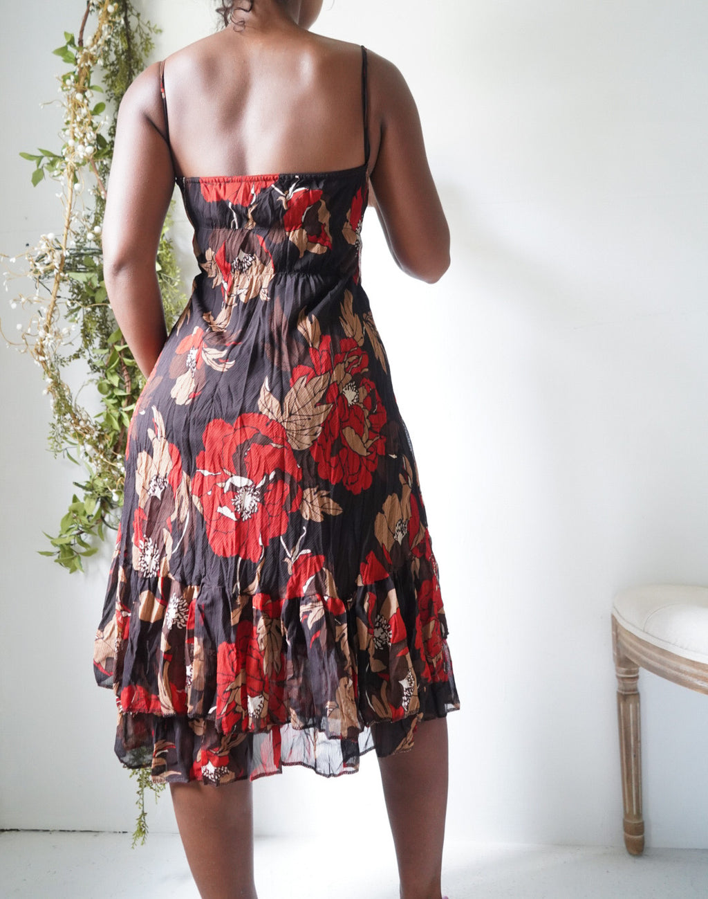 Y2K Dark Brown Autumn Floral Crinkle Dress