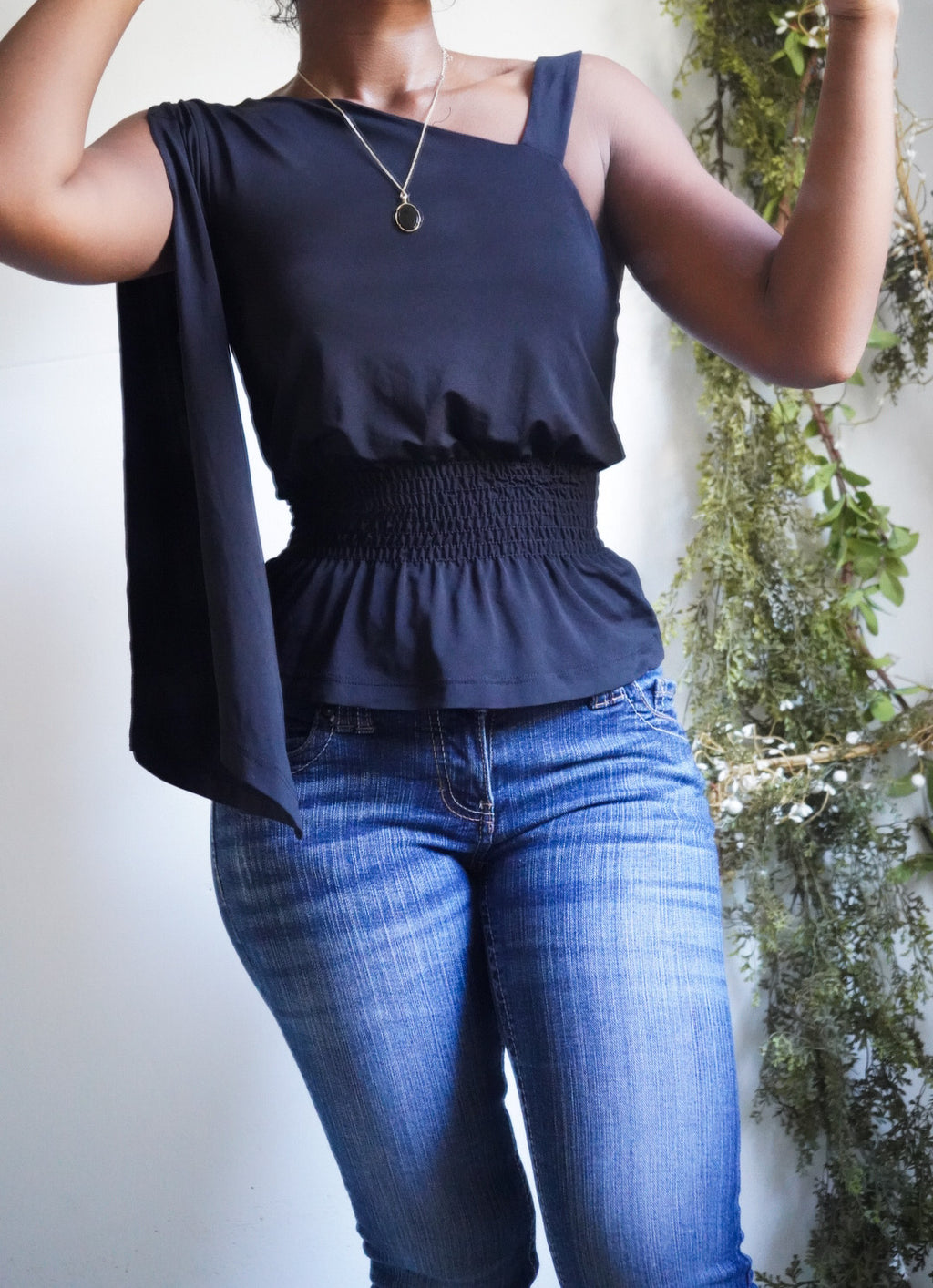Y2K Black One Shoulder Smocked Waist Top