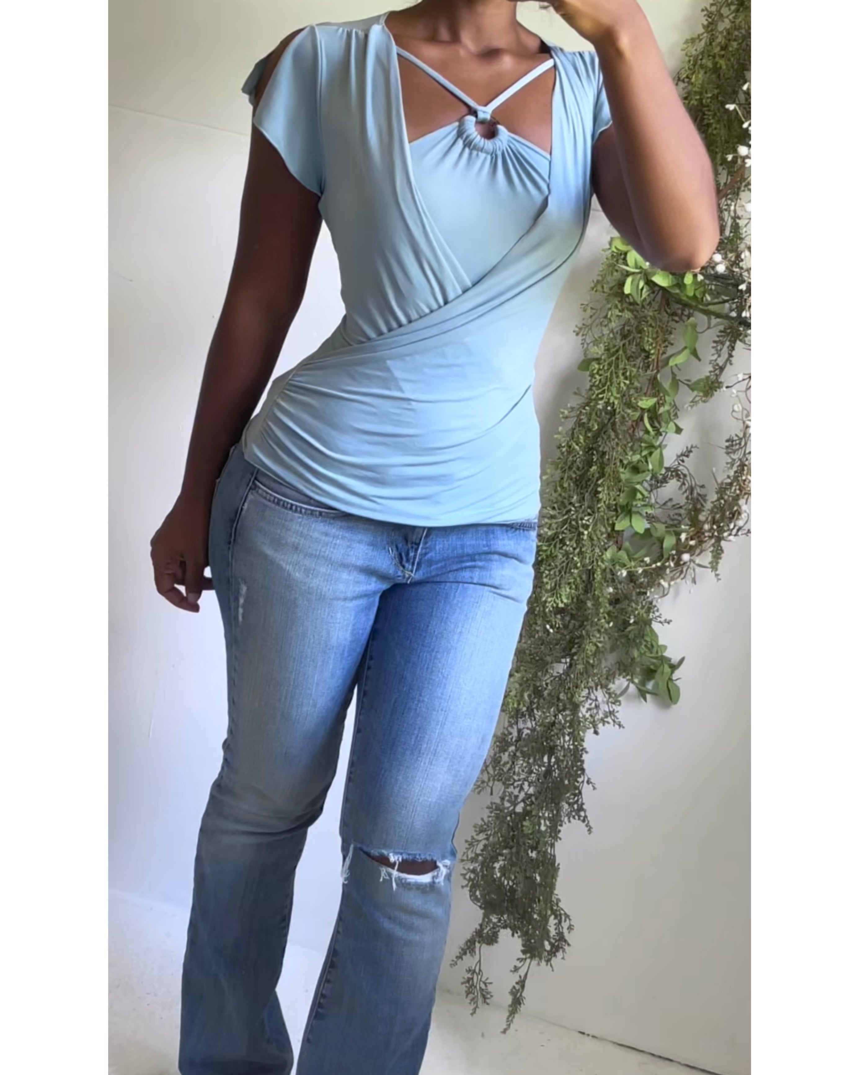 Y2K Baby Blue Layered Halter Crossover Top