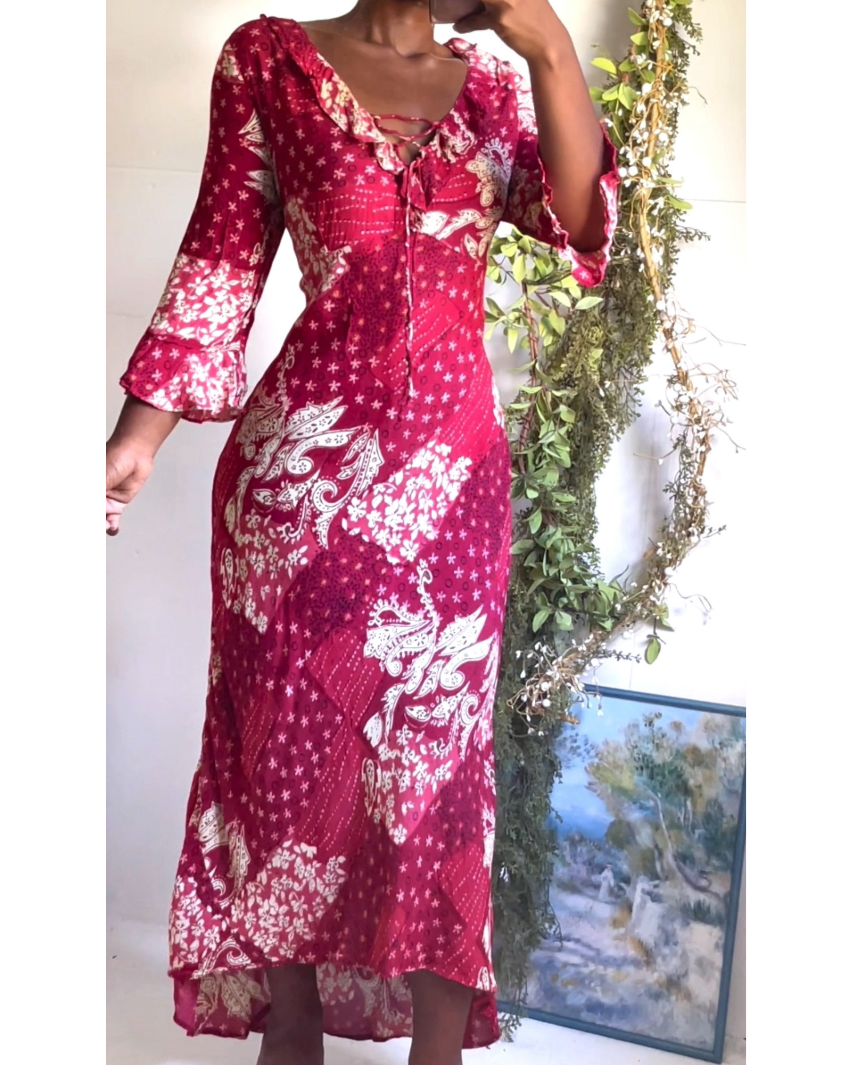 Y2K Patchwork Boho Ruffle Sleeve Dress