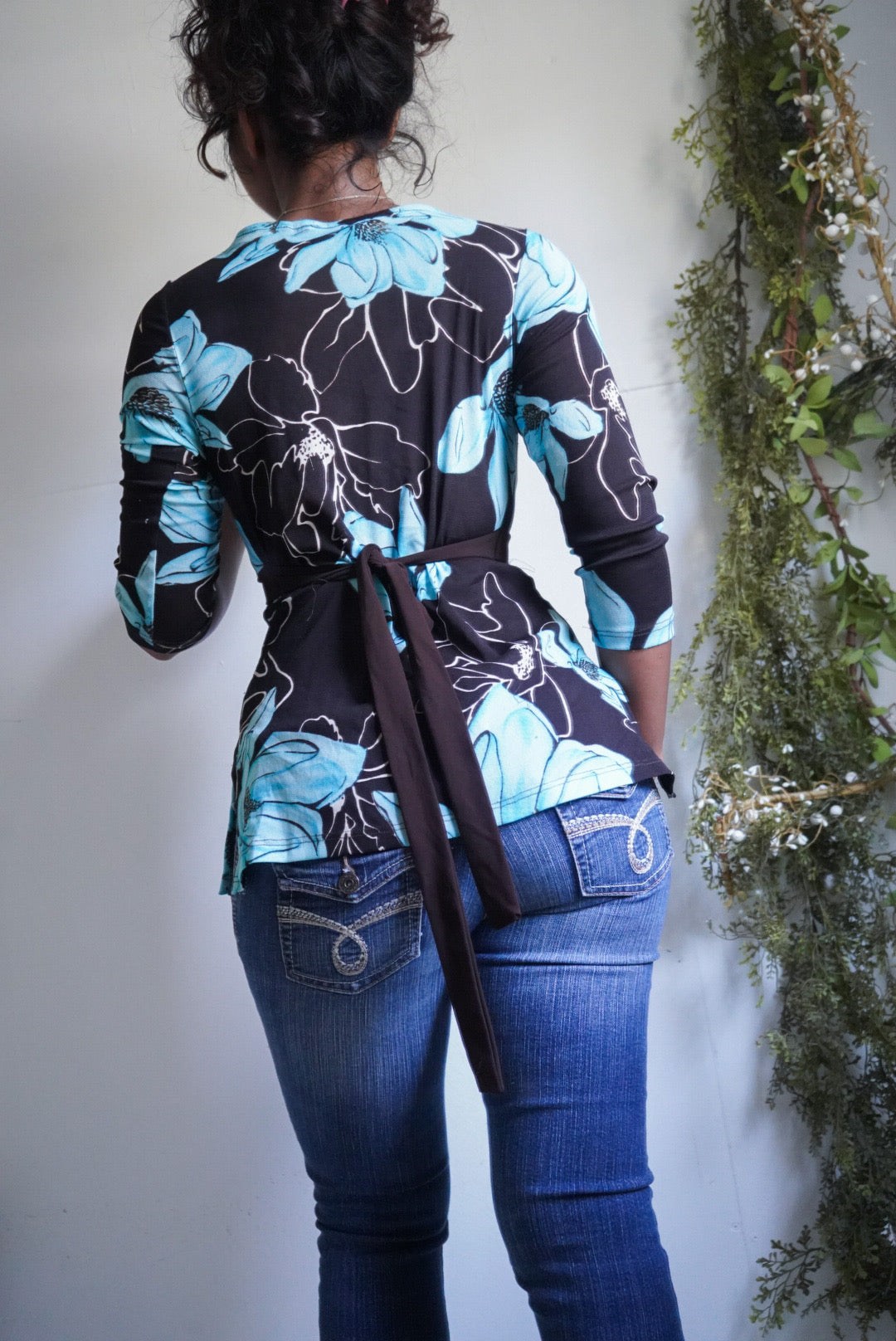 Y2K Brown and Blue Floral Mesh Tie Back Top