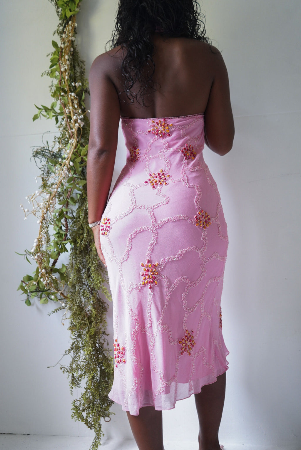 Pink Fully Beaded Silk Halter Midi Dress