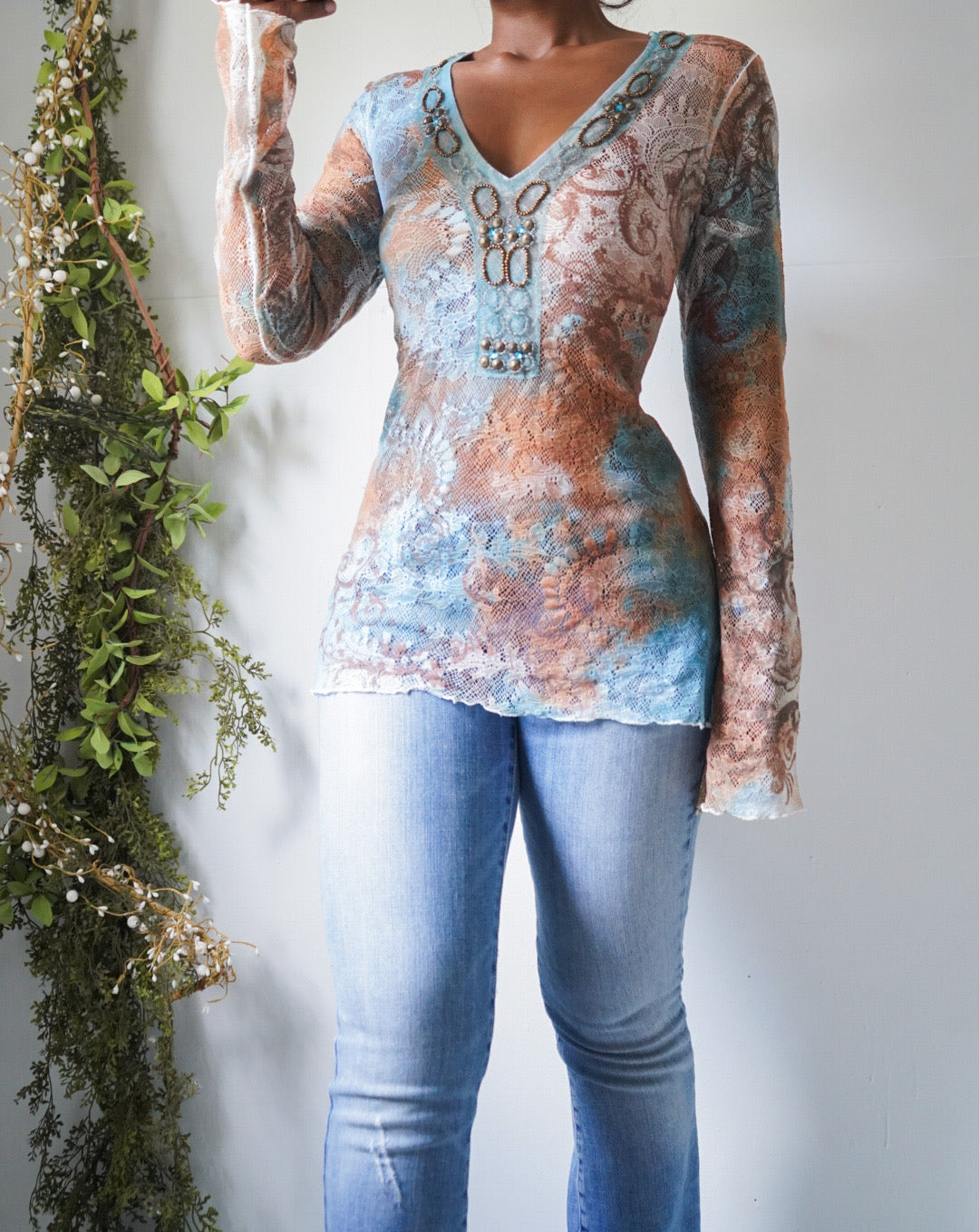 Vintage Y2K Boho Lace Net Beaded Neckline Top