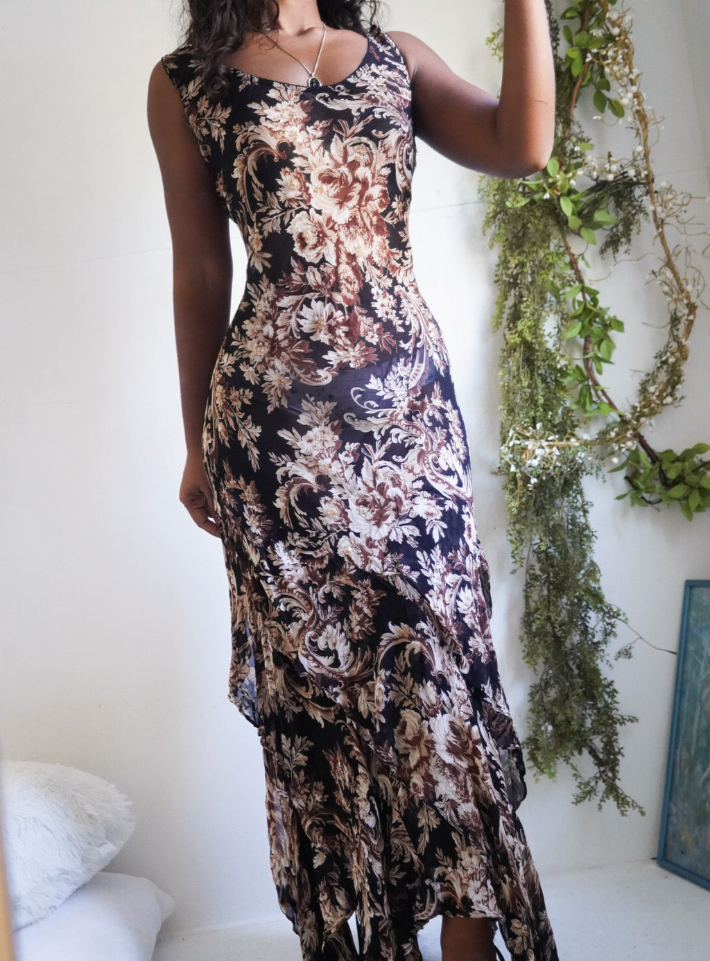 Y2K Fall Floral Ruffle Hem Maxi Dress