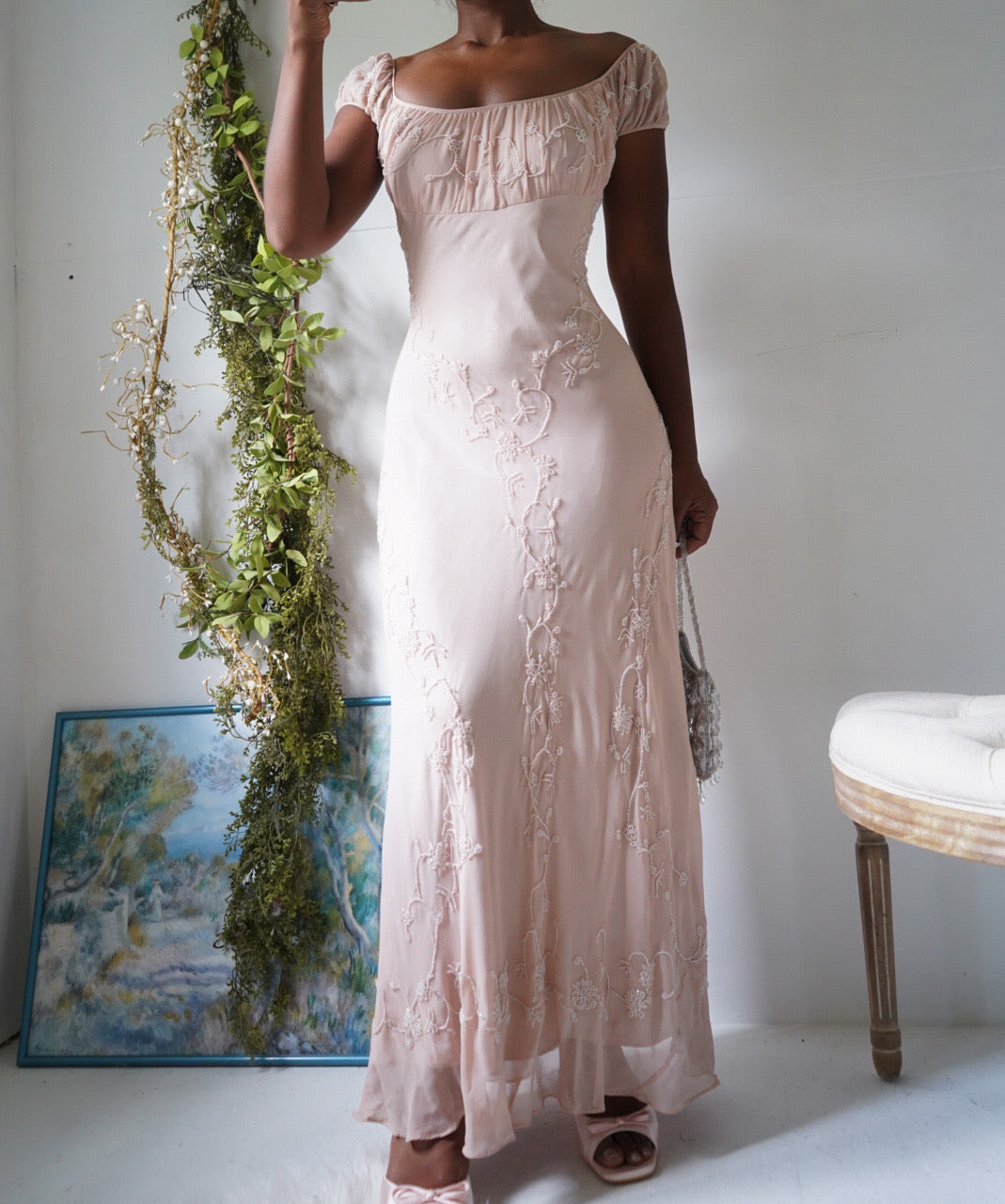 Rare Vintage 90s Silk Milkmaid Blush Nude Beaded Gown