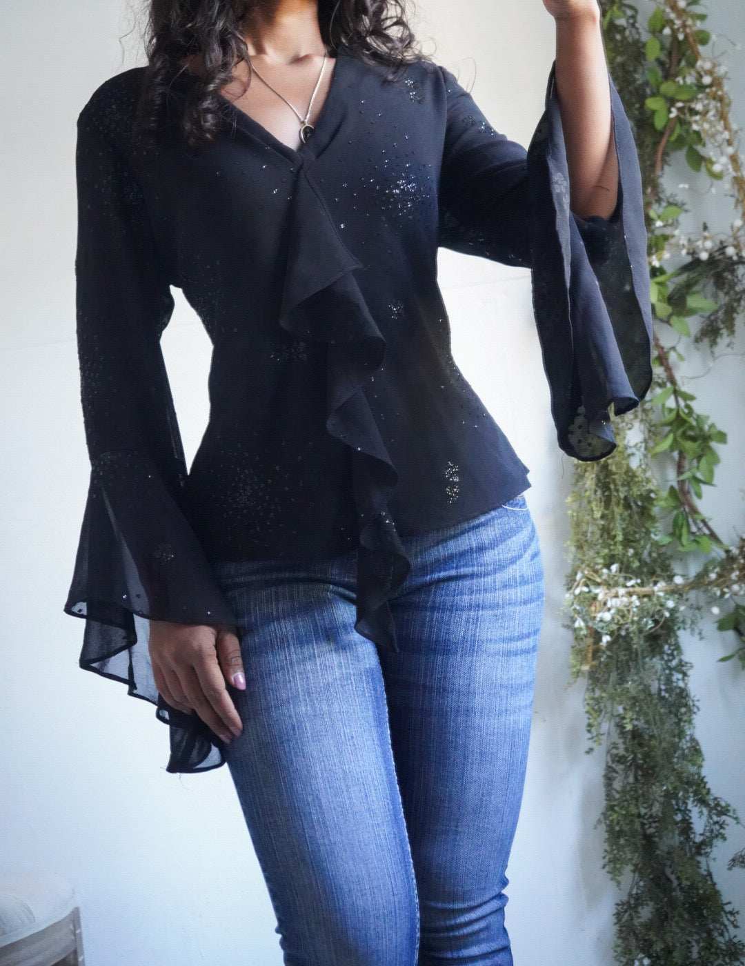 Y2K Black Sparkle Embellished Ruffle Top