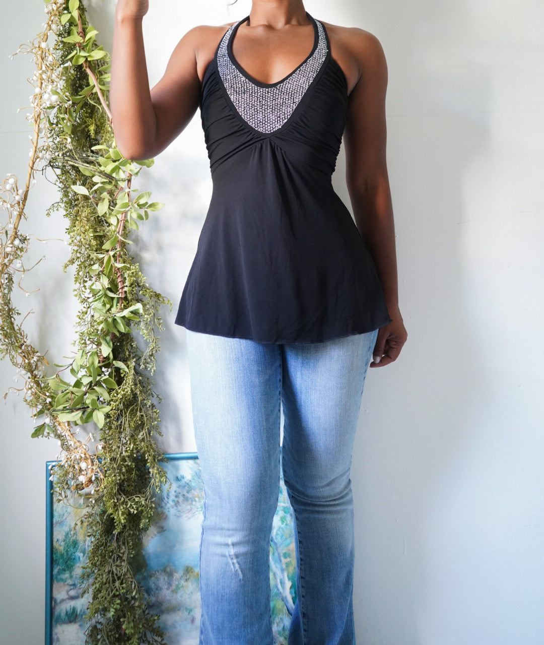 Y2K Black Sequin Neckline Halter Going Out Top
