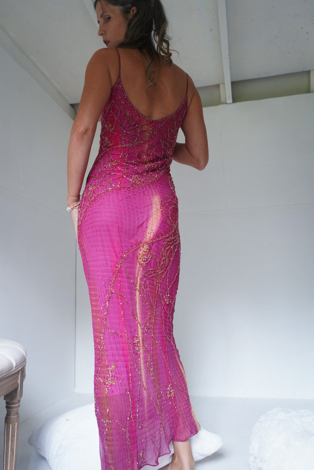 Rare Vintage Y2K Pink Tie Dye Beaded Gown