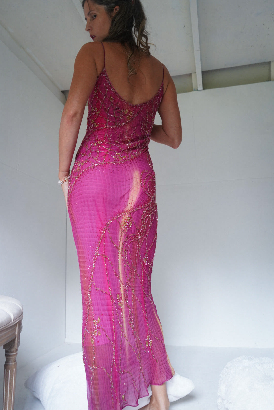 Rare Vintage Y2K Pink Tie Dye Beaded Gown
