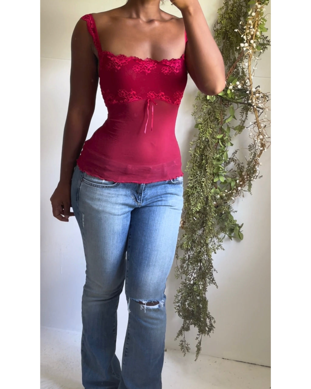Y2K Cherry Red Mesh Coquette Cami
