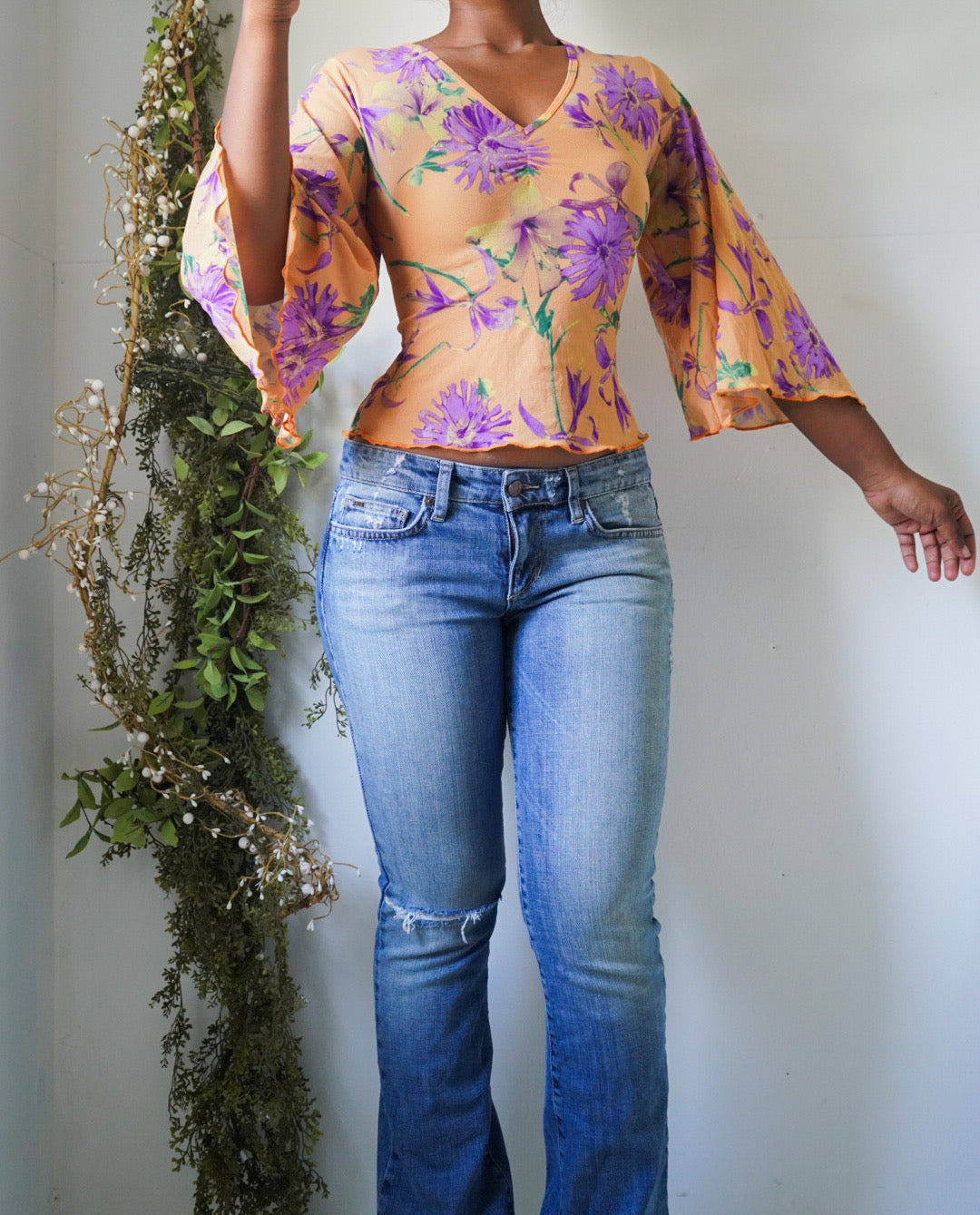 Y2K Orange Floral Angel Sleeve Top