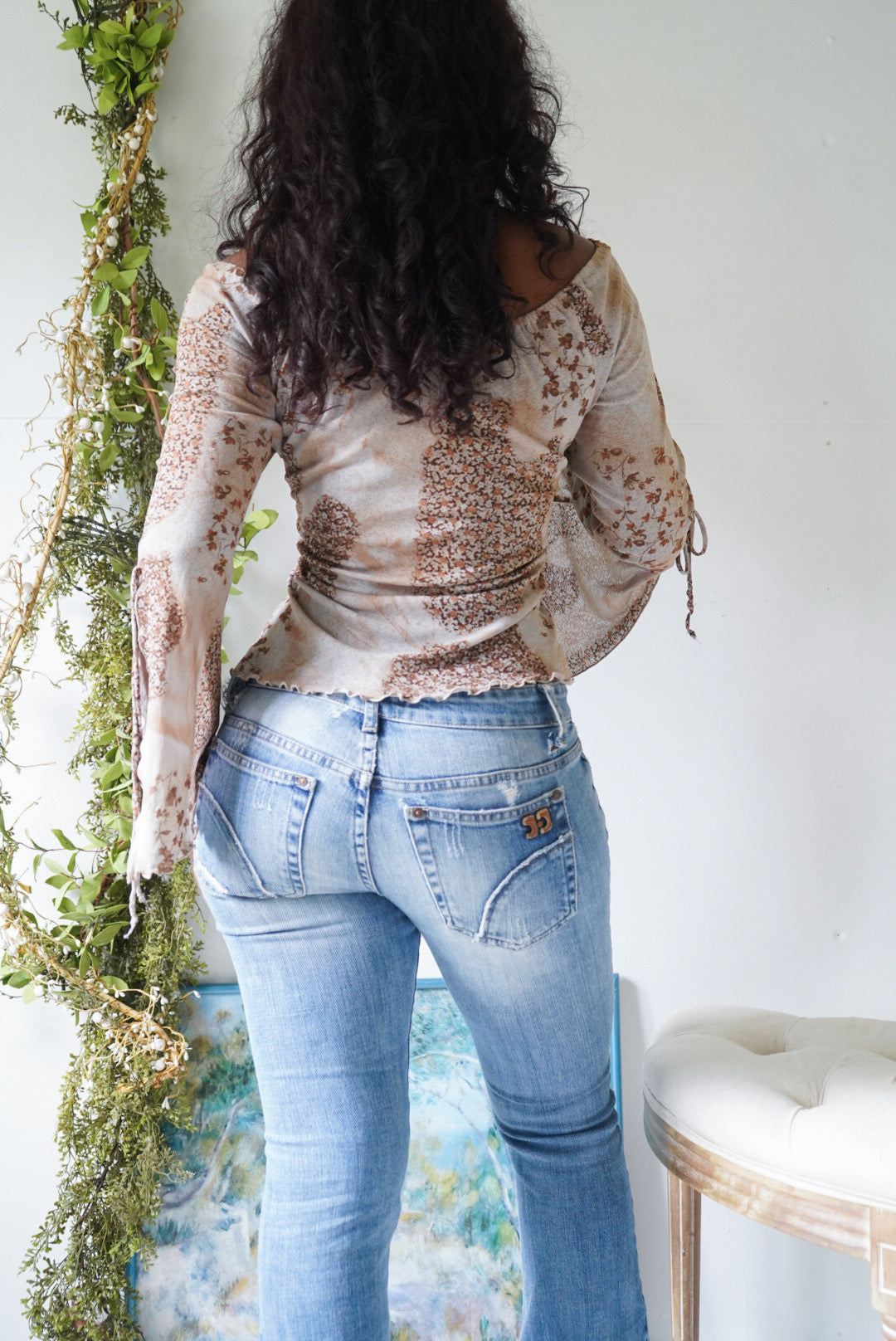 Rare Y2K Patchwork Mesh Flare Sleeve Top