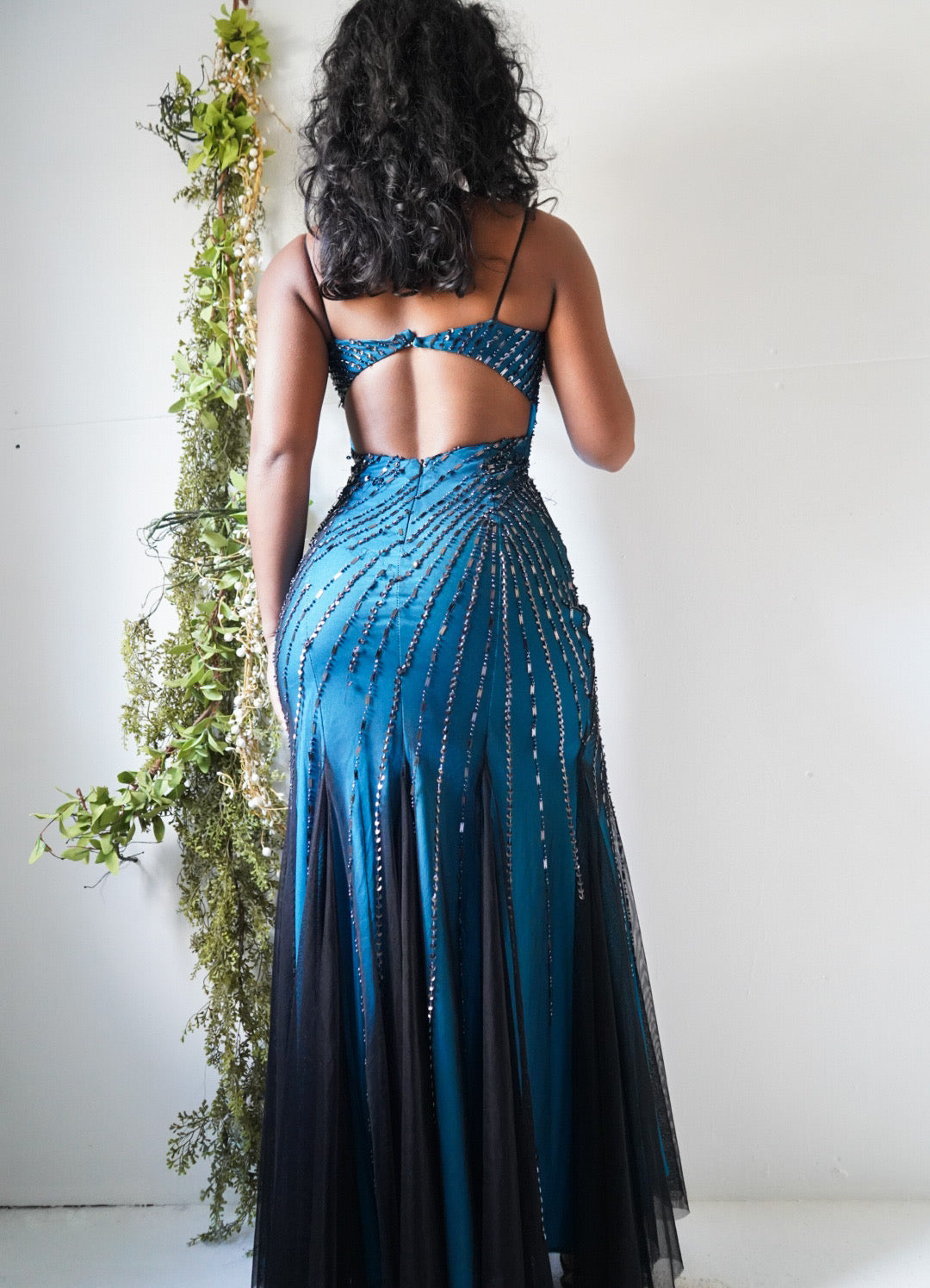 Y2K Teal and Black Layered Backless Gown