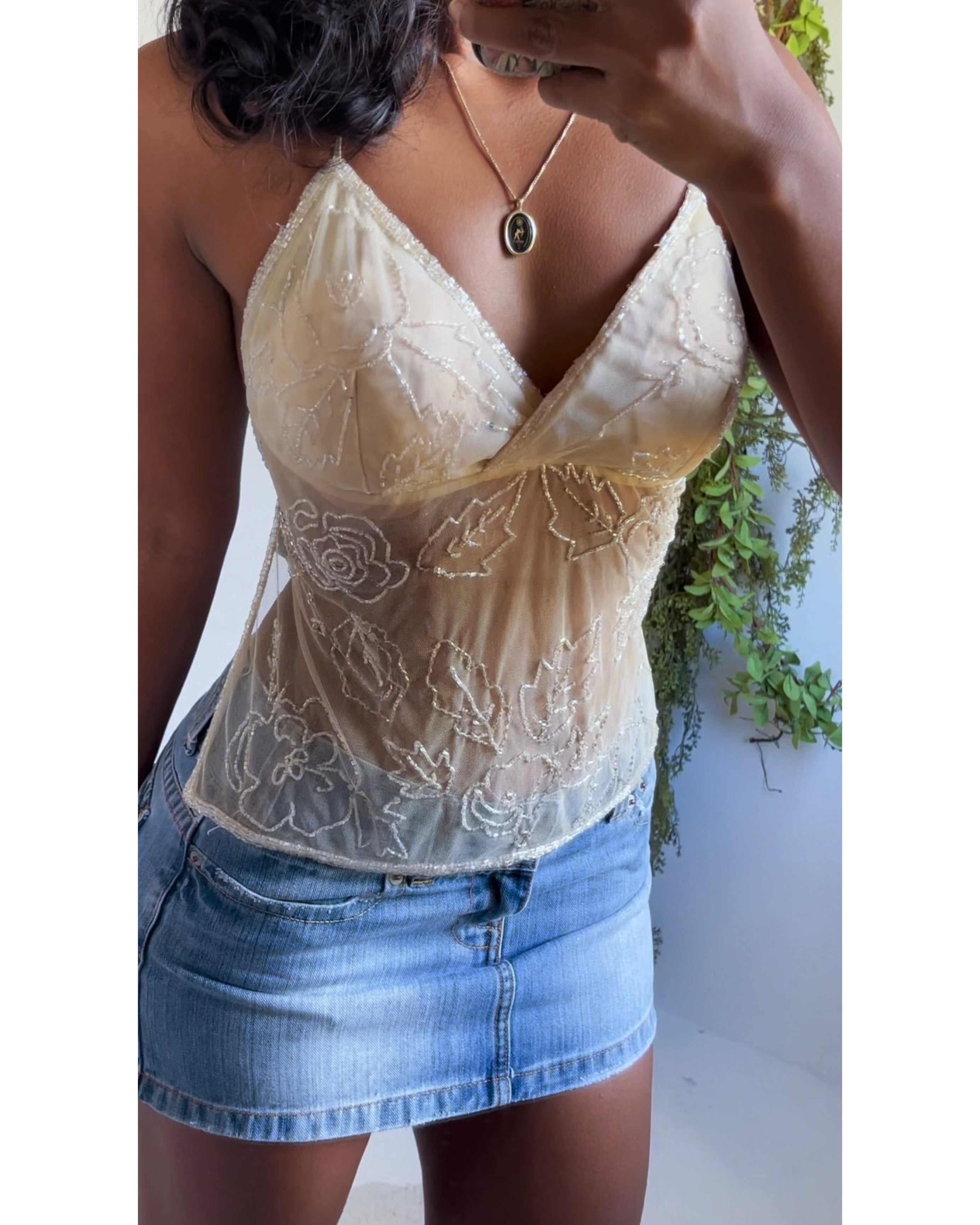 Beaded Cream Mesh Tie Back Top