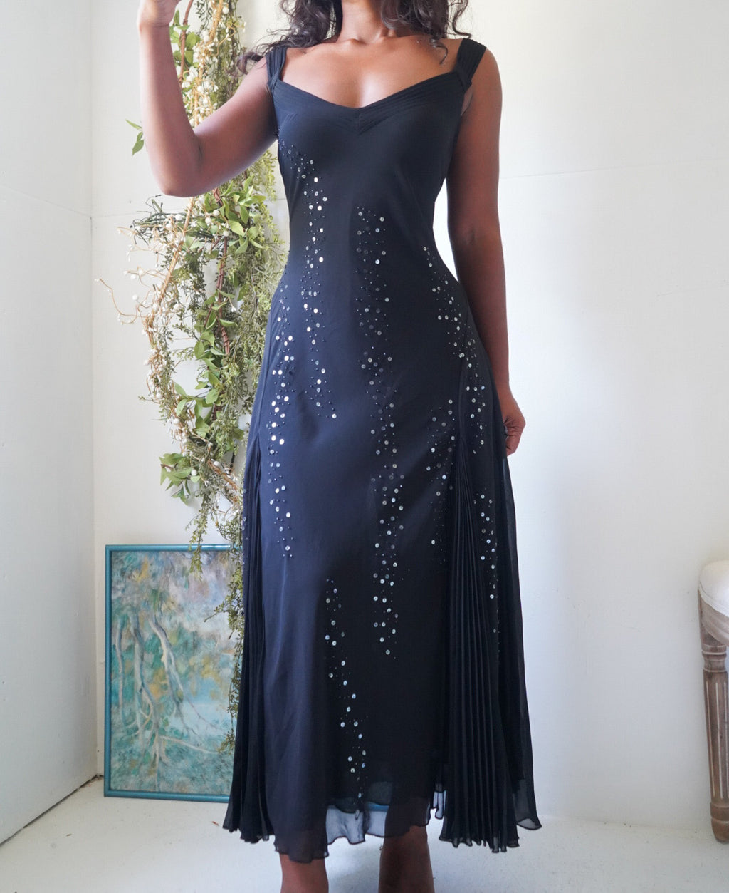 Rare Y2K Black Evening Dress with Pleated Godets