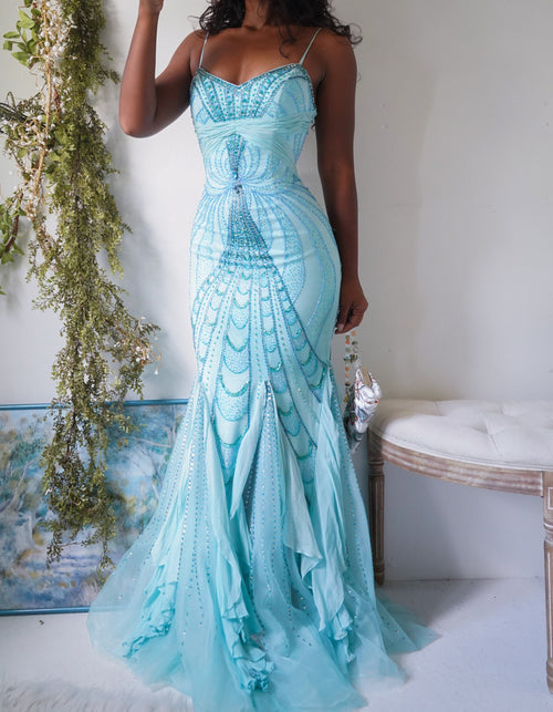 Y2K Light Turquoise Silk Beaded Mermaid Gown