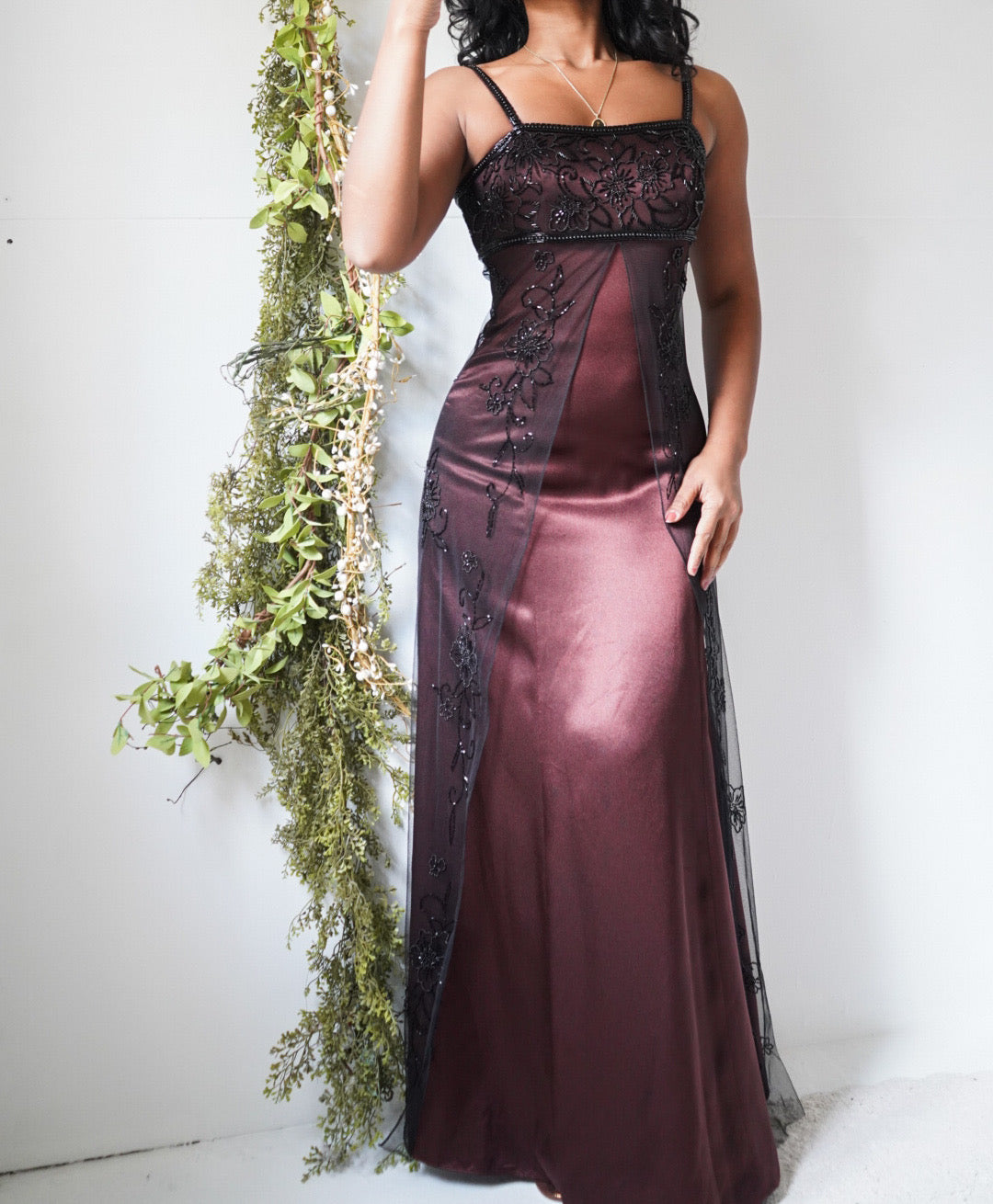 Chocolate Beaded Split Front Gown