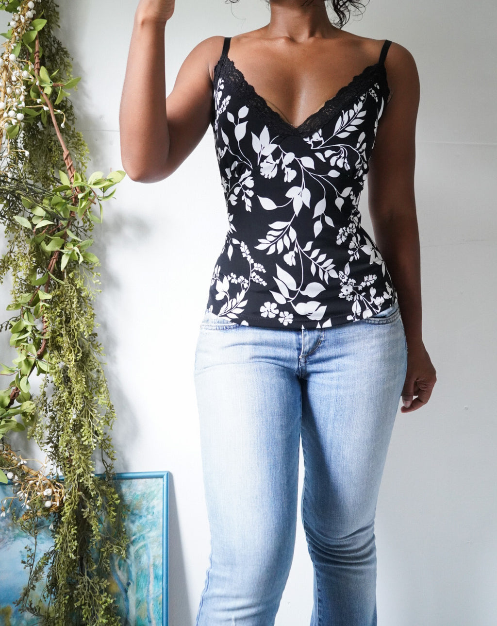 Y2K Monochrome Floral Lace Trimmed Cami