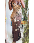 Ombre Tan & Brown Silk Beaded Gown