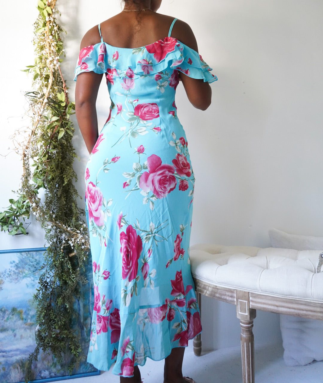 Y2K Turquoise Rose Ruffle Midi Dress