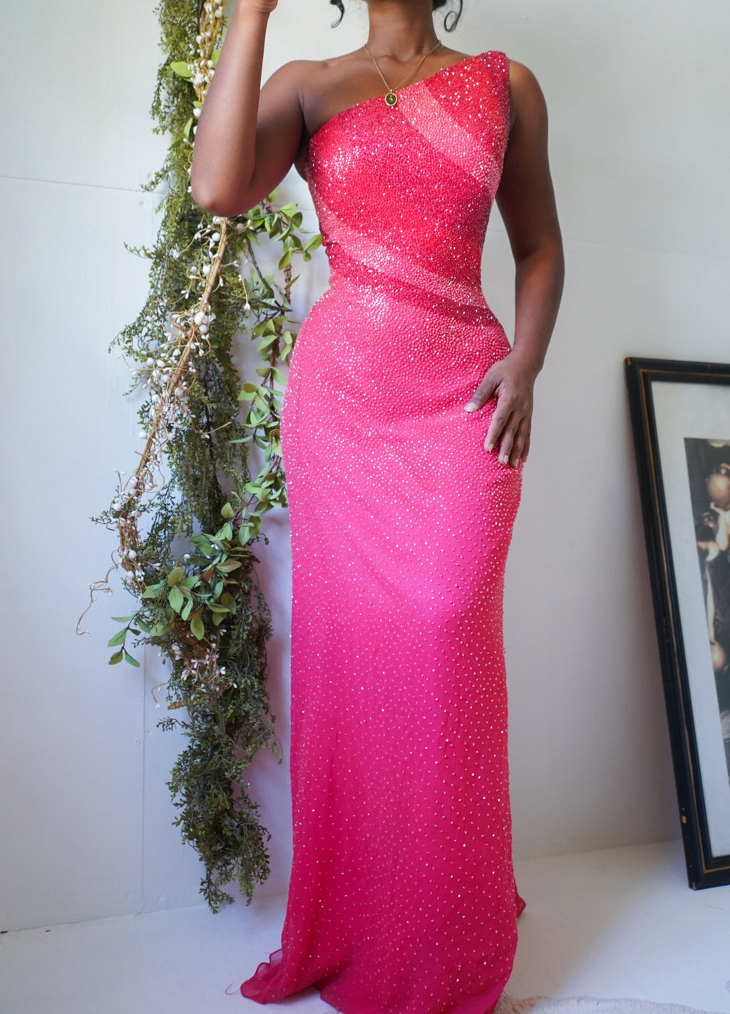 Coral Pink Fully Beaded Silk One Shoulder Gown