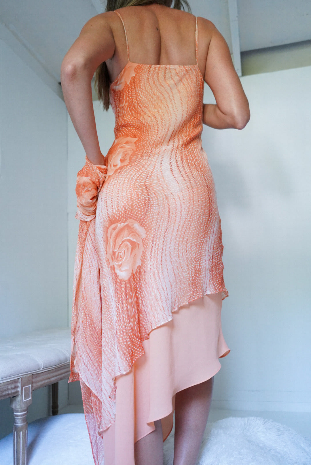 Y2k Peachy Orange Beaded Silk Midi Dress with Sash