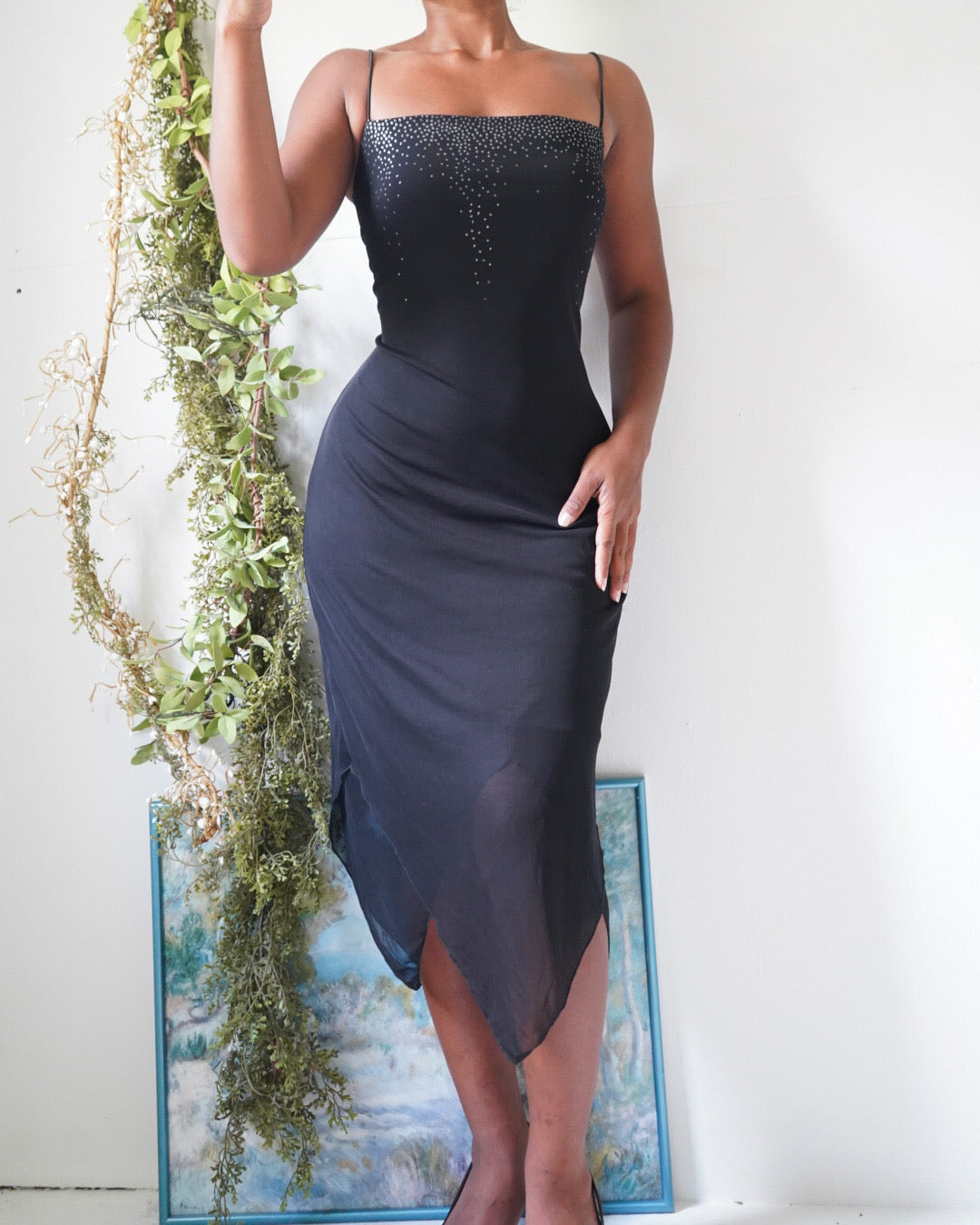 Y2K Glitter Detail Staple Black Midi Dress