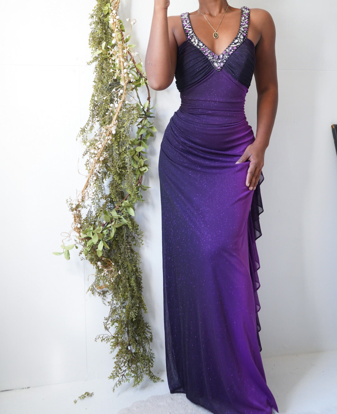 Gradient Purple Open Back Glitter Gown