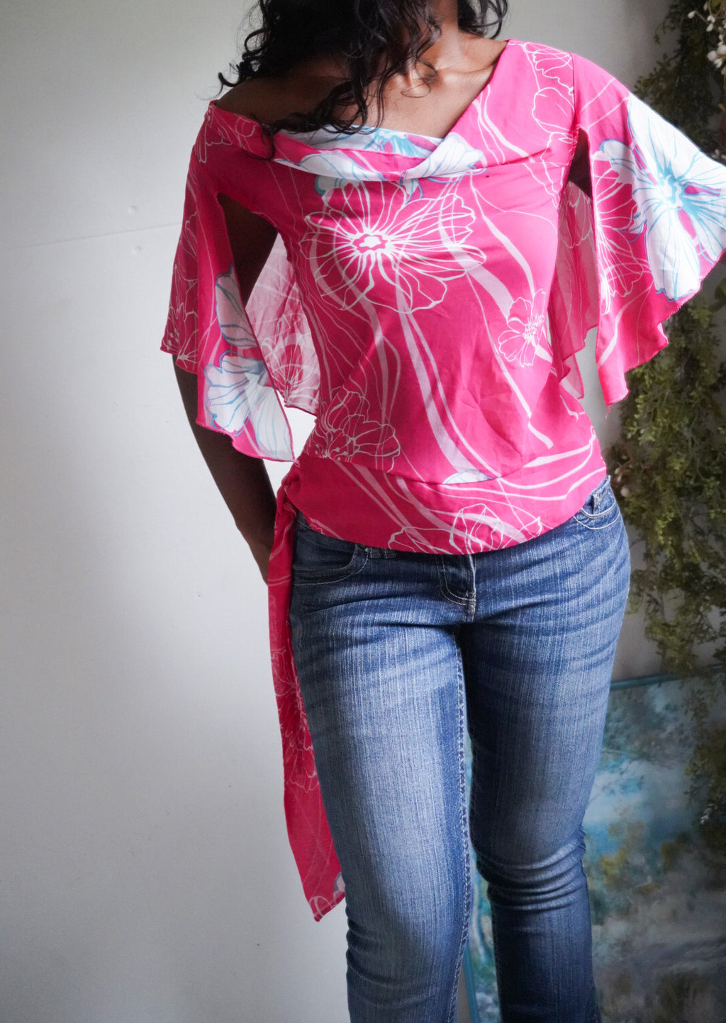 Y2K Bright Pink Tie Hem Cowl Neck Top